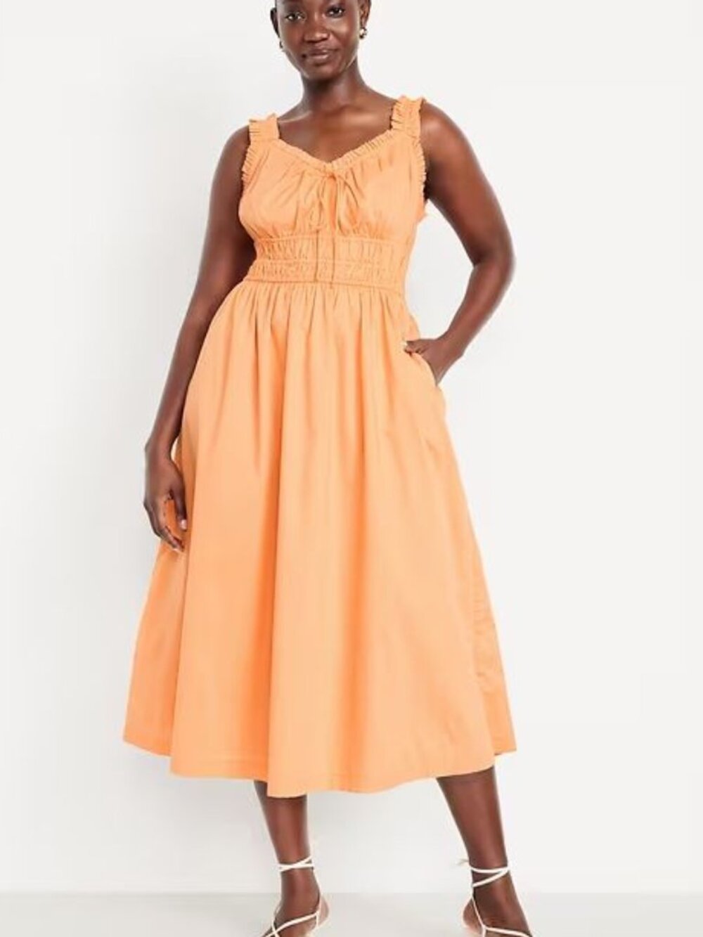Waist-Defined Ruffled Midi Dress - Tangerine